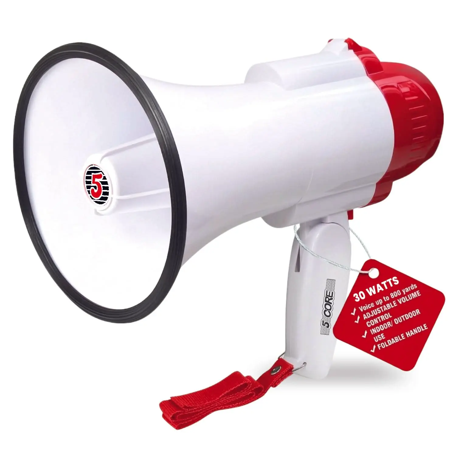 5 Core Megaphone 30 Watts Bull Horn PA Speaker w 800 Yard Range Loud Siren Voice Amplifier Portable Megafono for Outdoor Sports Cheerleading Battery Power - 8R RED
