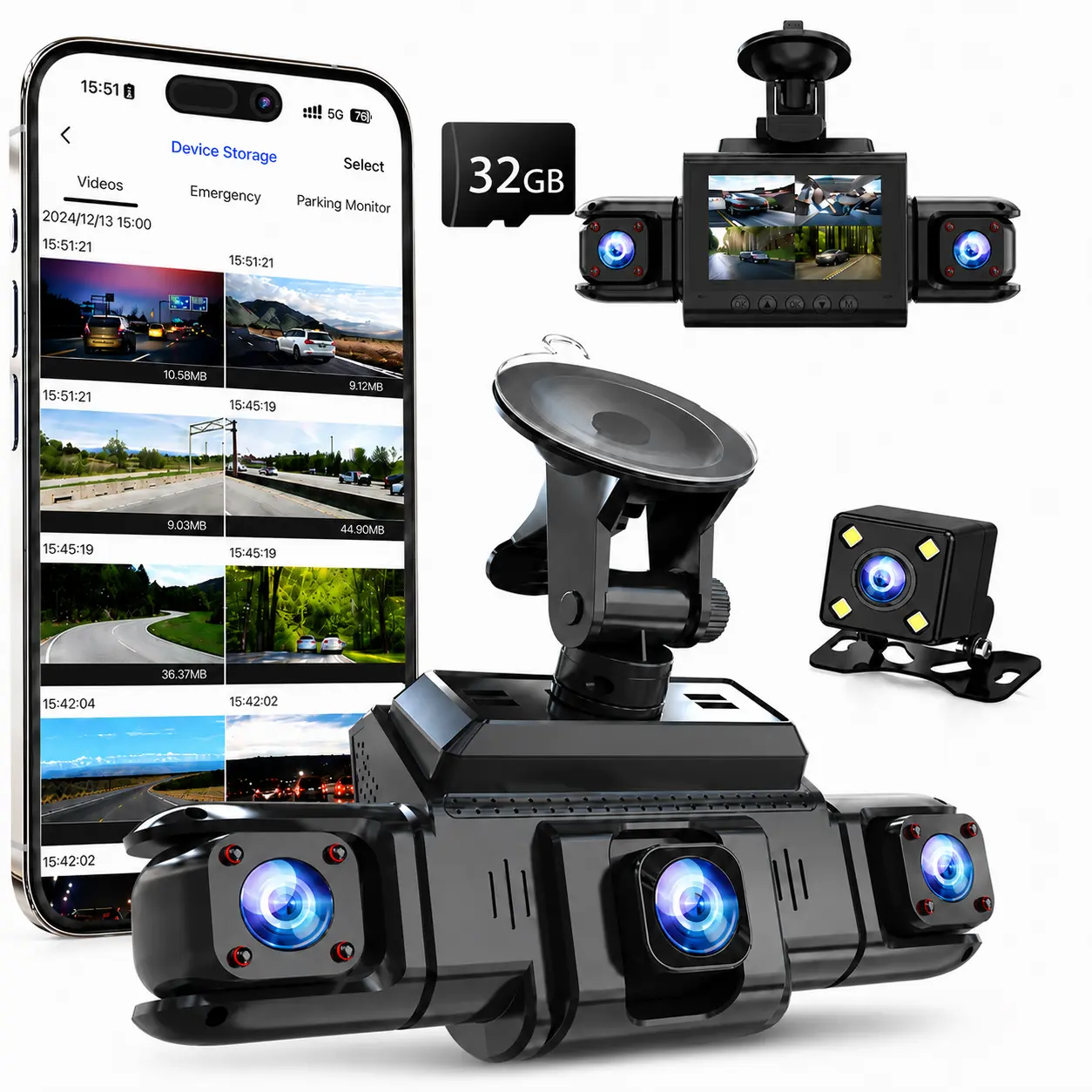 4 Channel 360° Dash Cam Front and Rear, 32GB Card, WiFi App Control, WDR | 3" IPS Screen,4-Way Dash Cam with 24H Parking Mode,8 IR Night Vision,G-Sensor,Loop Recording