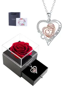 Heart-Shaped Mother & Child Necklace Set with Rose Jewelry Gift Box, Mom Pendant Necklace, Birthday Christmas Mother's Day Gift for Mother New Moms, Love Heart Necklace