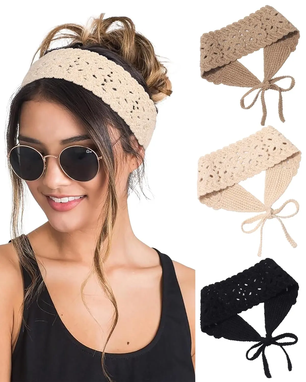 Women's 3pcs Handmade Crochet Knit Fabric Bandana Headbands, Elegant Boho Hippie Floral Head Wraps, Adjustable Tie (Black+Beige+Coffee) for All Birthday Party Wear, 3Pcs Black+Beige+Coffee