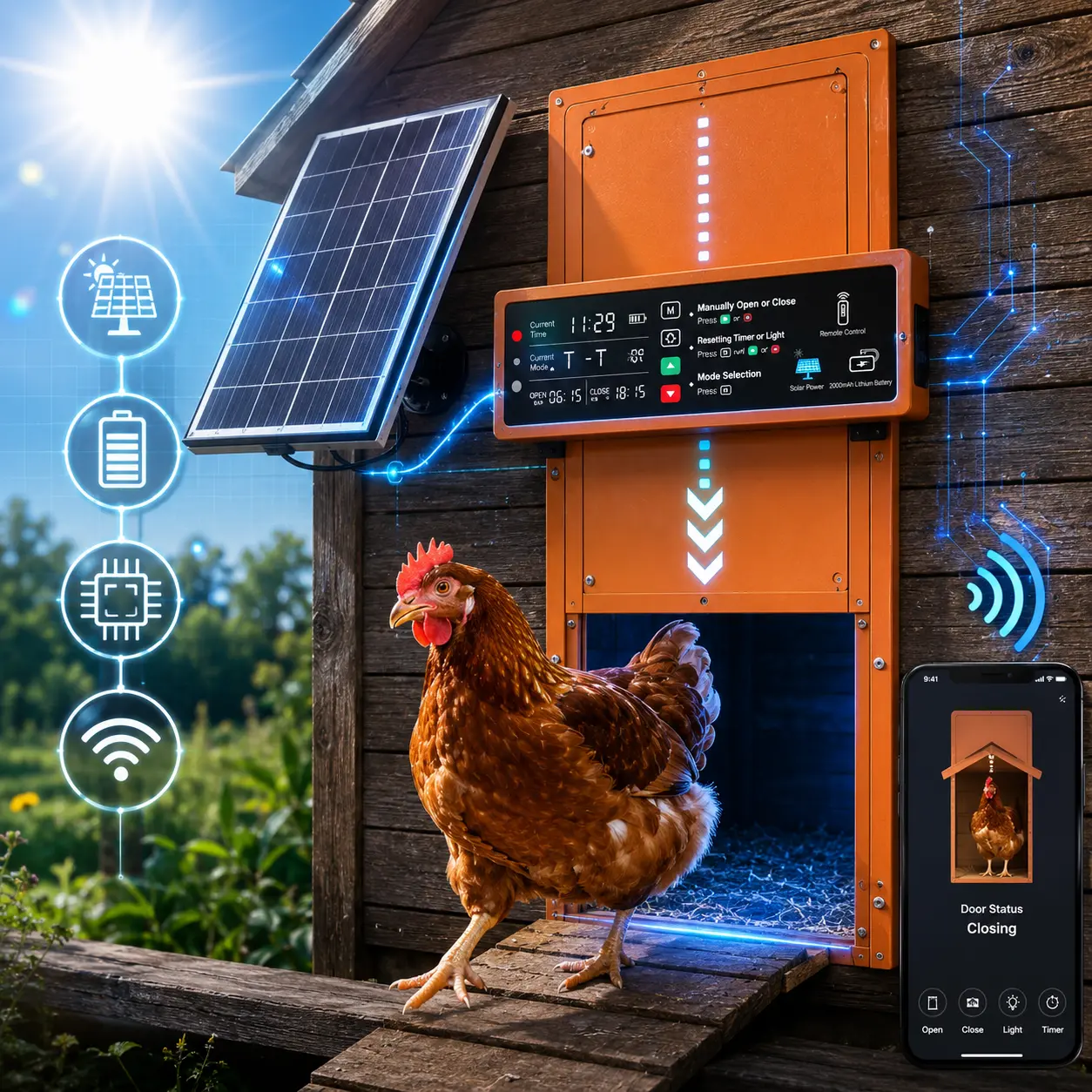 Solar Chicken Coop Door with Anti-Pinch & LCD Display – Automatic Aluminum Alloy Poultry Door for Chickens and Ducks, Farm Coop & Homestead Life chicken coop door lcd display manual mode Smart Timer Sunlight Energy Efficient