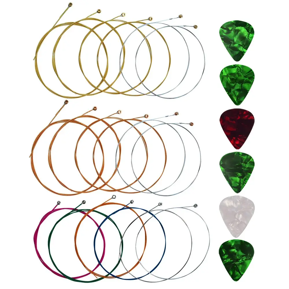 Steel Acoustic Guitar Strings Replacement Sets, 3 Complete Sets Guitar Strings Equipped with 6 Guitar Picks, Universal Guitar Maintenance Accessory for Players & Performers