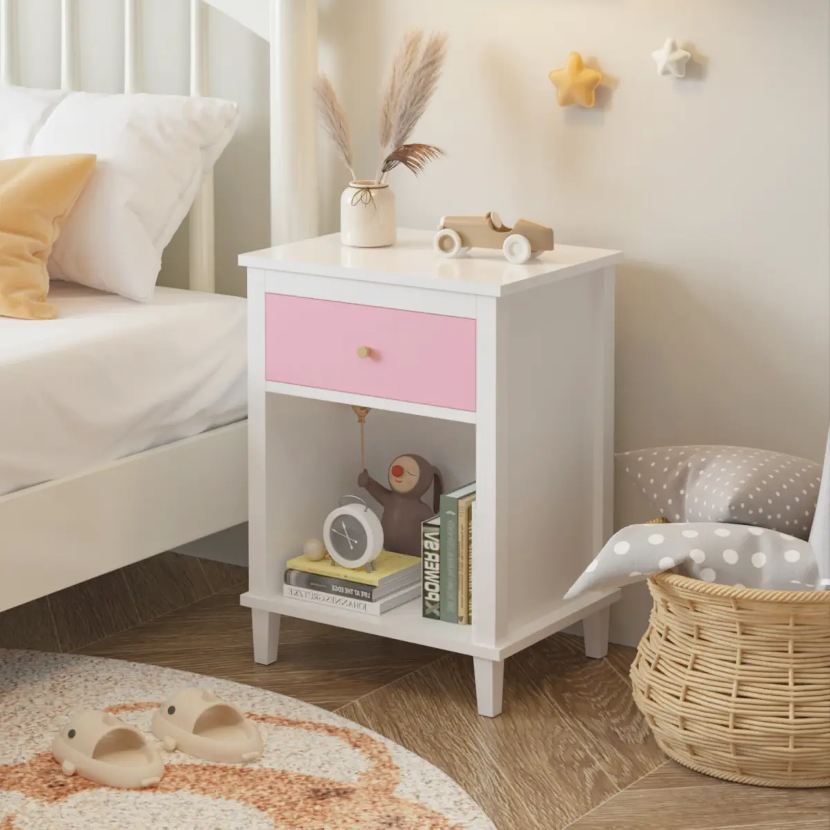 26.77''H Wooden Nightstand with One Drawer One Shelf for Kids, Adults, Pink+Golden handle    RR