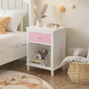 26.77''H Wooden Nightstand with One Drawer One Shelf for Kids, Adults, Pink+Golden handle    RR