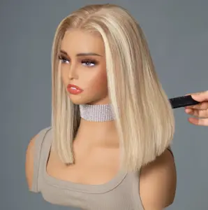 Tinashe Human Hair Pre-Cut 6x5 HD Lace Wear Go Pre-Bleached Knots Glueless Blonde Bob Highlight P16/613 & Ash 613 & 613 Straight Bob Wig Lace Closure Wigs
