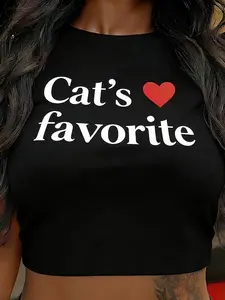 Cat's Favorite Heart Print Crop Top | Kawaii Cat Lover Short Sleeve Tee | Y2K Indie Aesthetic Casual Top | Cute Cat Theme Streetwear Crop T-Shirt for Daily/Outdoor/Street Style | Soft Lightweight Summer Fashion To