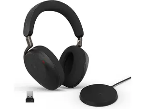 Jabra Evolve3 85 Over-Ear Wireless Bluetooth Headset with Mic and Wireless Charging Stand for Work, USB-A, AI Voice Call Technology, Adaptive ANC, 25-Hour Battery, Microsoft Teams Certified, Black