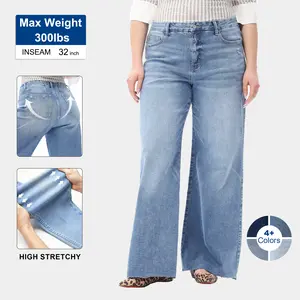 Plus Size Mid-high Rise Wide Leg Jeans for Women Elastic High Waist Stretchy Raw Hem Denim Pants Womenswear Bottom Comfortable Denim Jeans (14W-22W)