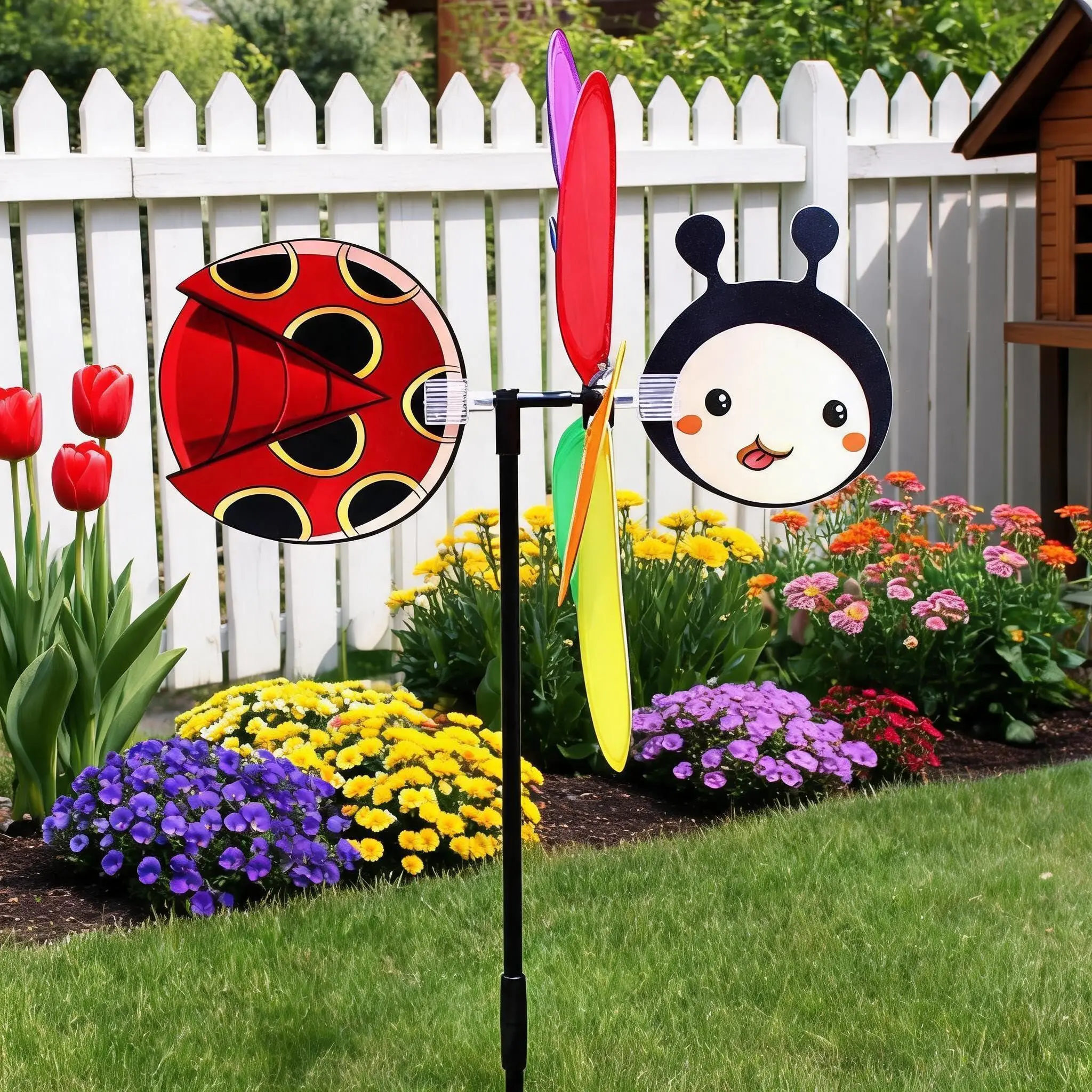 GARVEE Cartoon Animal Wind Spinner, Colorful 3D Bee Beetle Windmill Waterproof Pinwheel, Detachable Outdoor Garden Decoration Windmill for Yard Scenic Area Party Decor Kids Educational Toy