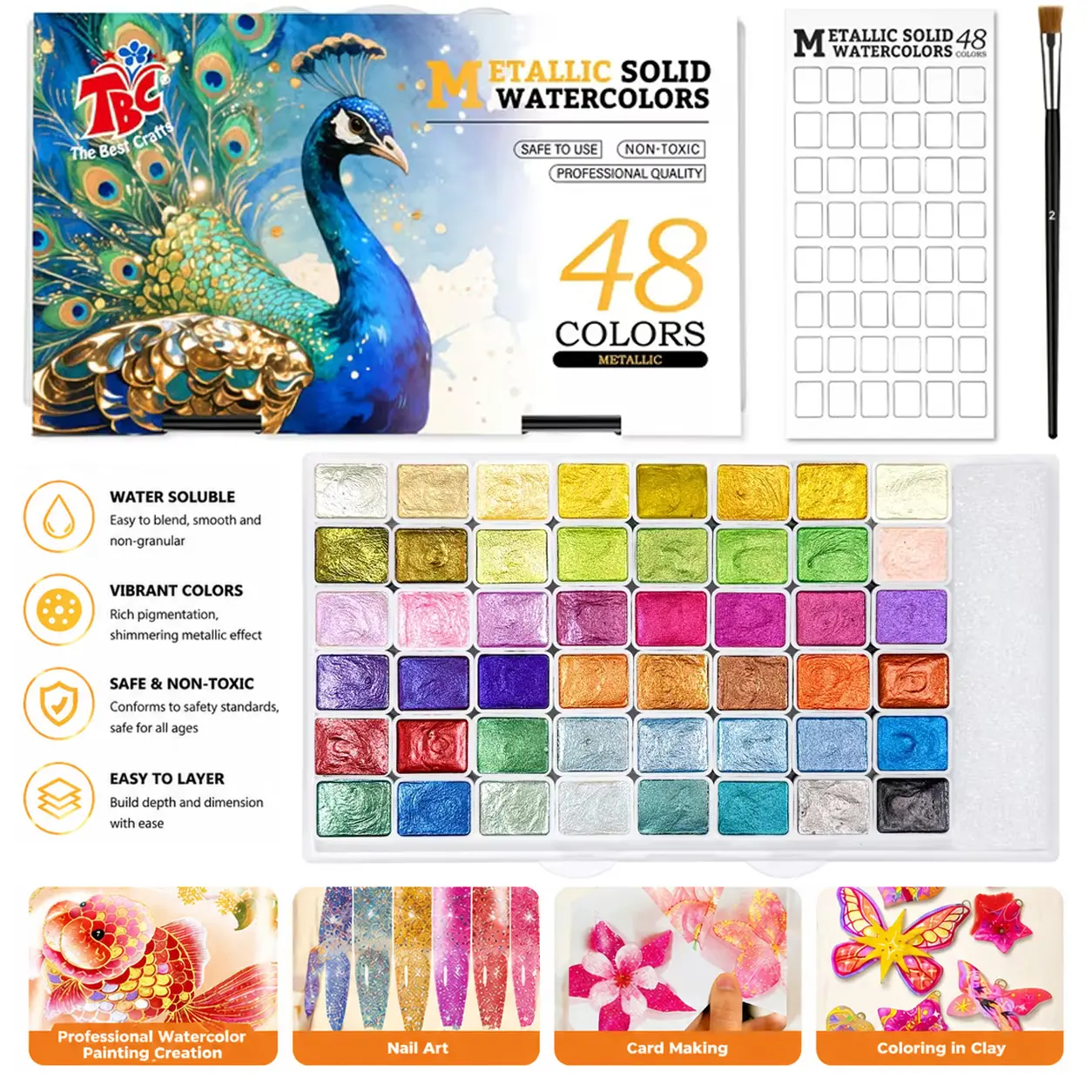 TBC The Best Crafts Metallic Solid Watercolor Set with Palette, Beginner-Friendly Non-Toxic Palette Watercolour Paint, Office Art Supplies for Travel Painting, Suitable for Adult Beginners & Professionals, Beginner-Friendly Watercolour Paint