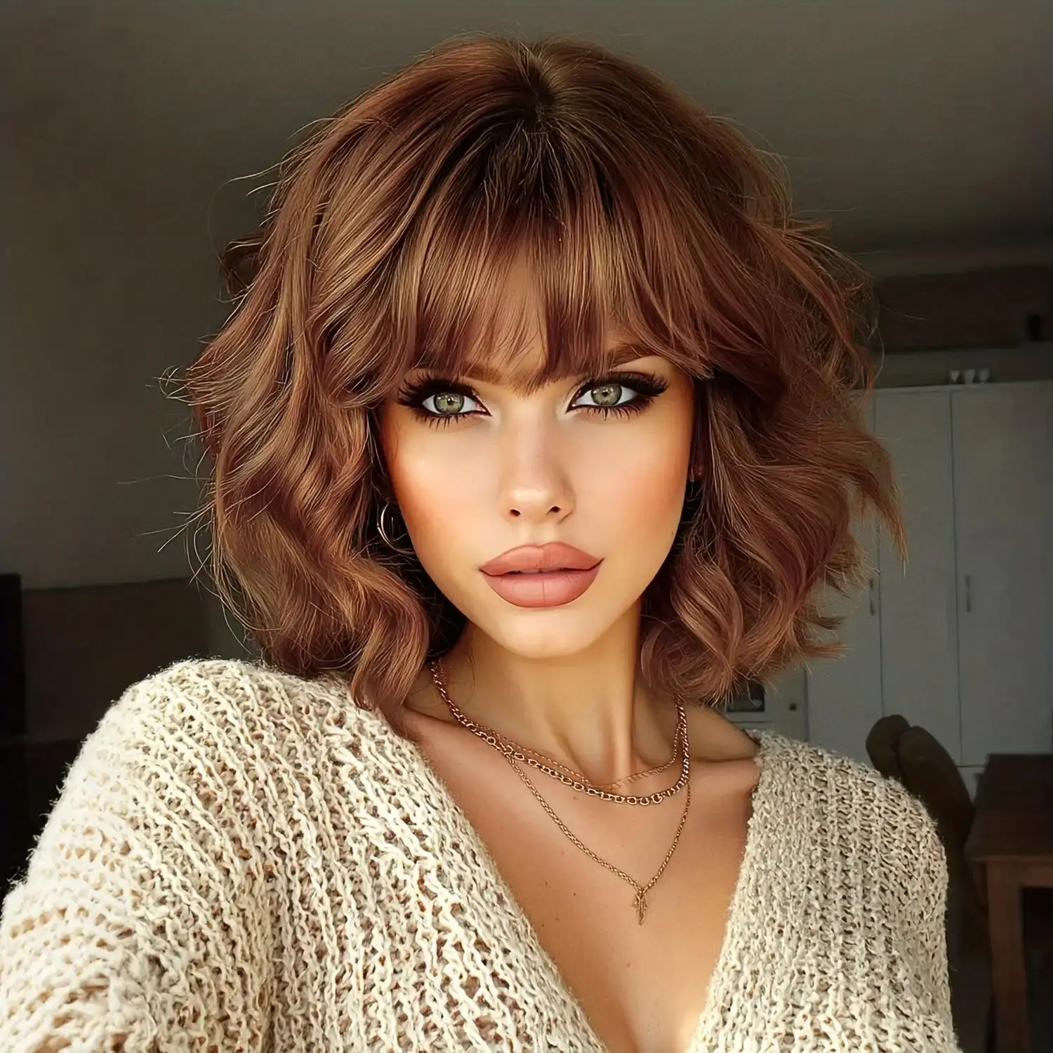 FESHFEN 14-Inch Short Wavy Bob Wig with Bangs (Dark Chestnut) – Glueless design, heat-resistant synthetic fiber; natural, voluminous, lightweight, and comfortable. Suitable for daily styling, parties, cosplay, and more.