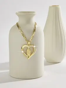 Luxurious Heart-Shaped Mary Pendant Necklace, Elegant Copper Plated 14k Gold Christian Jewelry, 24-Inch Faux Chain, Perfect Gift for Women, Exquisite Trendy Pendant