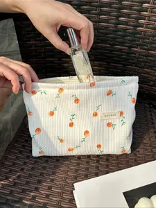 Corduroy Makeup Bag, Cute Floral Pattern Zipper Makeup Organizer Pouch, with Letters Label, Travel Cosmetic Storage Bag, Cosmetics Organizer, Versatile Storage Bag for Skincare, Lip Balm, Eyeliners, Makeup Brushes,