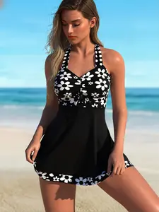 Women's Elegant Halter Vibrant Floral Print Swim Dress, Mid-Length High Stretch Fabric Bathing Suit with Built-in Shorts, Sleeveless Tummy Control Beachwear for Swimming Vacation, Bohemian Colorful Summer Swimwear