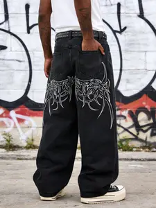 Men's New Gothic Style Streetwear Embroidered Denim Jeans, Casual Loose Fit All-Match Jeans, Stylish and Comfortable Fashion Apparel Pants