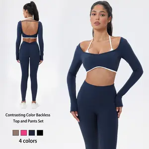 NVWA Mother's Day Gifts,Workout Sets for Women 2 Piece Outfits Seamless High Waist Leggings Yoga Long Sleeve Crop Tops Athletic Gym Sets elegante  sport halter bra for gym workout sets for women Free Gift: Athletic Shorts