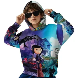 Coraline Print Hoodie, Casual Long Sleeve Pullover, Slight Stretch Knit Fabric, Regular Fit Hooded Sweatshirt for Fall/Winter A0929-14
