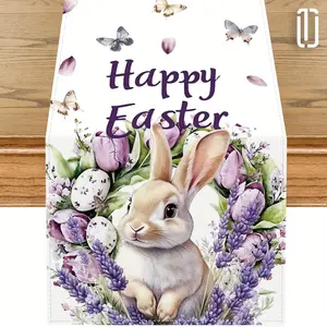 1pc Happy Easter Table Runner - 13x72 Inch, Vibrant Bunny & Lavender Design, Linen, Machine- for Spring Holiday Dining Decor, Indoor/Outdoor Use, Bunny Decor, Tablecover decor