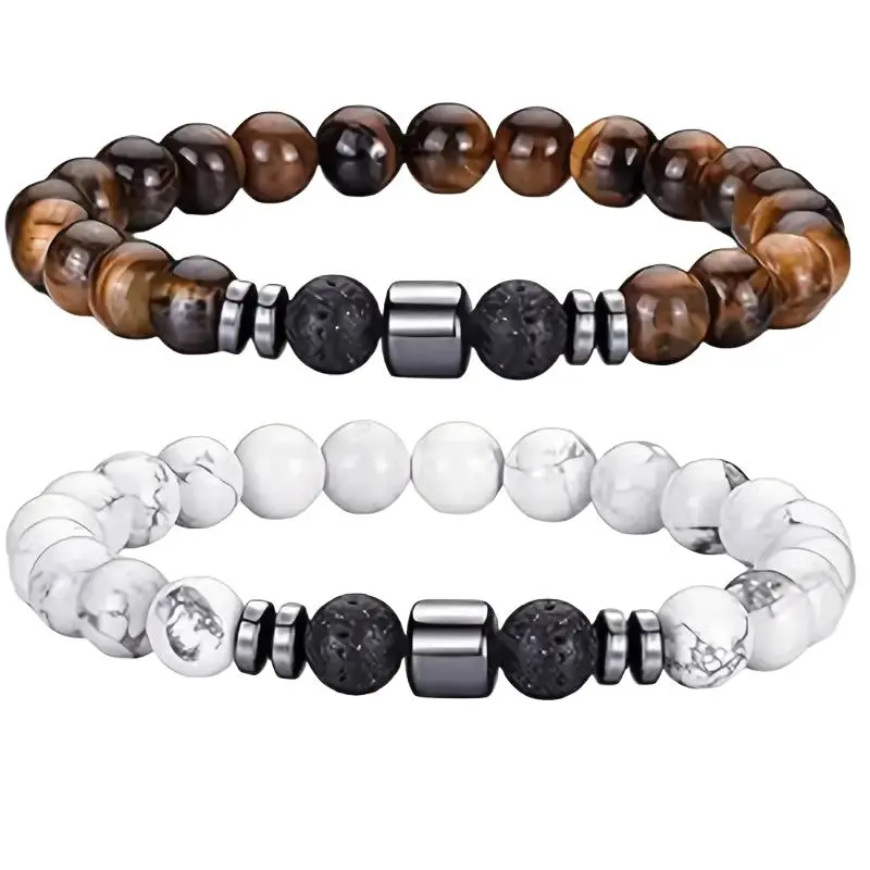 Two Natural Stone Multi-Layer Beaded Bracelets - Tiger's Eye, Volcanic, White Sage - Elastic Design, Comfortable Fit, Layerable Styles for Daily Wear & Aromatherapy