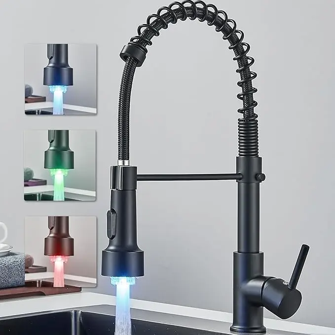 1pc ATSHOWER Matte Black LED Temp Light Brass Indoor Kitchen Tap - Single Handle, Pull Down Sprayer, High Arc Mixer, Flexible Spring Hose, Dual Spray Nozzle, Deck Mount, Single Hole, Handheld Spray Combo, Hose Attachment For Sink, RV, Spray Nozzle Kitchen