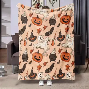 Cartoon Themed Blanket, 1 Count Lovely Pumpkins & Ghosts Pattern Soft Warm Nap Throw Blanket, Air-conditioned Room Blanket for Home Office Travel Camping, Christmas Gifts, Christmas Decorations, Halloween