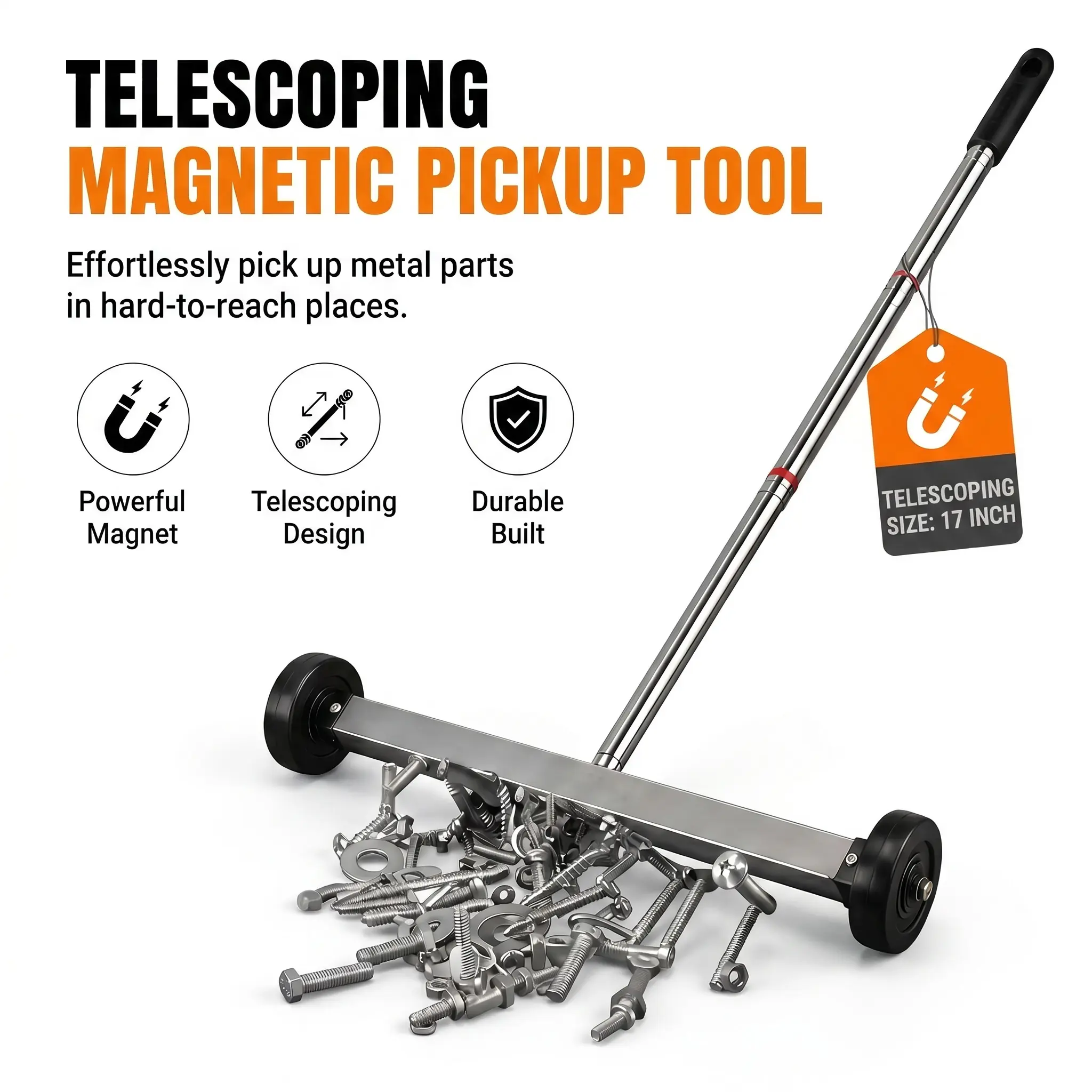 17-Inch Durable Built Magnetic Pick Up Sweeper with Telescoping Ergonomic Adjustable Handle, Flexible Wheels, 8.8-Lbs Capacity Specialty Hand Tool for Lawn, Workshop Cleanup