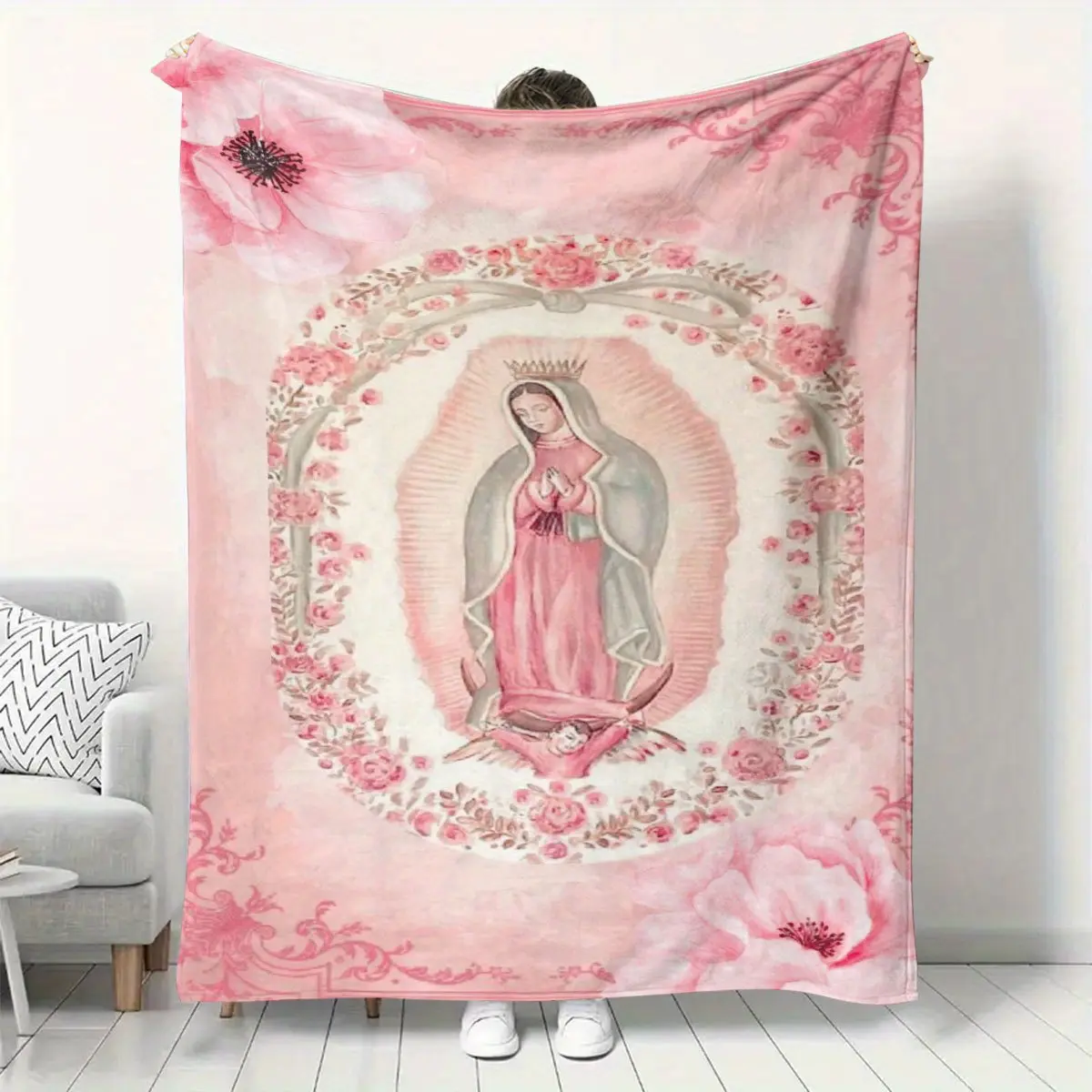 Pink Virgin Mary Printed Flannel Throw Blanket - Soft, Warm Digital Print, Machine Washable, Modern Style, All-Season Multi-Purpose Throw Blankets for Sofa, Bedding