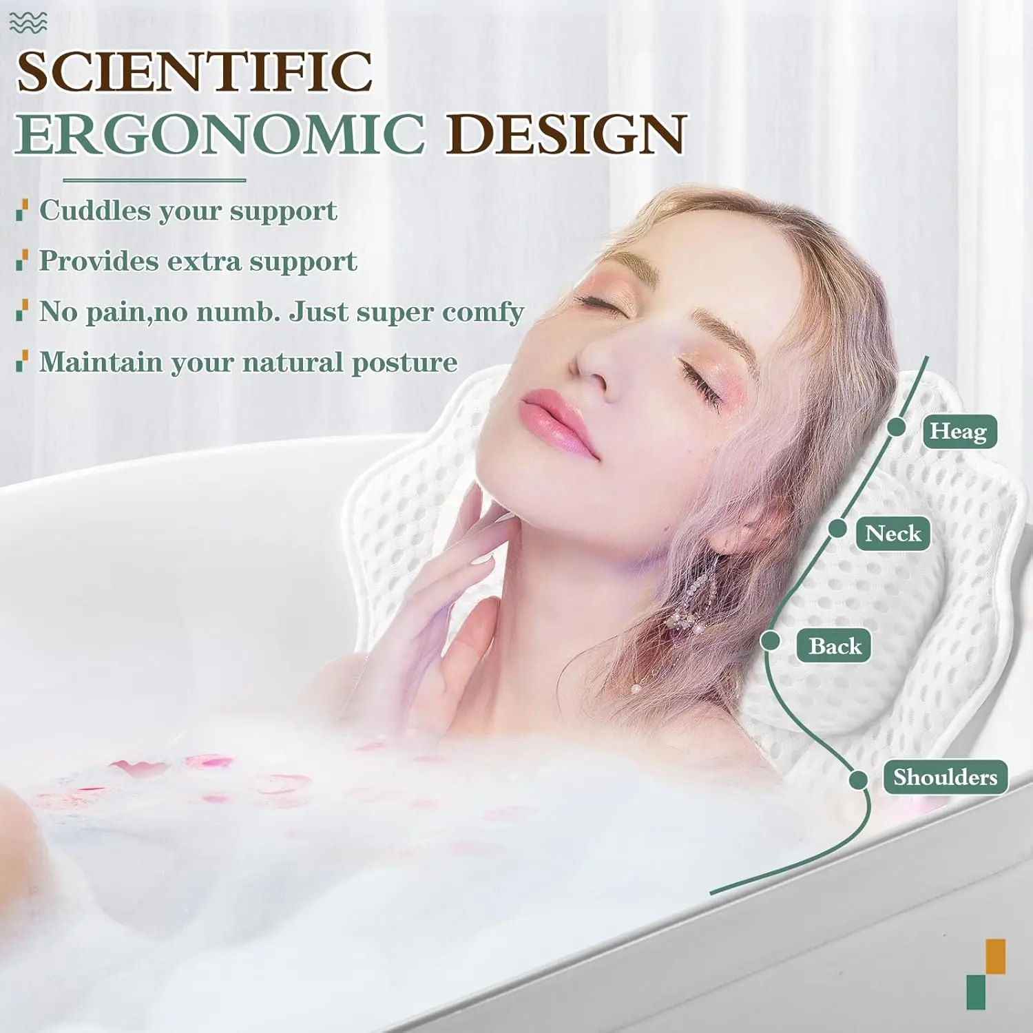 Ergonomic Luxury Bathtub Pillow with Head,Neck, Shoulder and Back Support, 4D Bath Pillows for tub with 6 Powerful Suction Cups, Fits All Bathtub