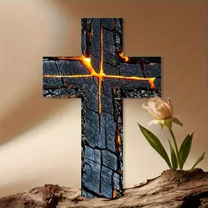1 piece of retro wooden cross wall decoration 20.32x30.48 cm - Luminous effect simulation wood Stylish Religious Decor, wooden cross decorations, suitable for living rooms, bedrooms - Indoor holiday decoration: Halloween, multi occasion home decoration