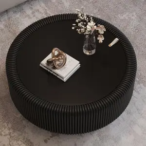 Bellemave  Round Fluted Coffee Table with Tempered Glass Top, PU Leather Body , Baked Enamel Metal Base & Hidden Storage , Modern Minimalist Accent Table for Living Room