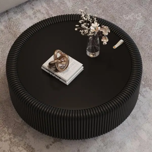 Bellemave Modern Minimalist Round Fluted Coffee Table - Tempered Glass Top, PU Leather Body, Baked Enamel Metal Base, Hidden Storage - Modern Accent Tables for Living Room