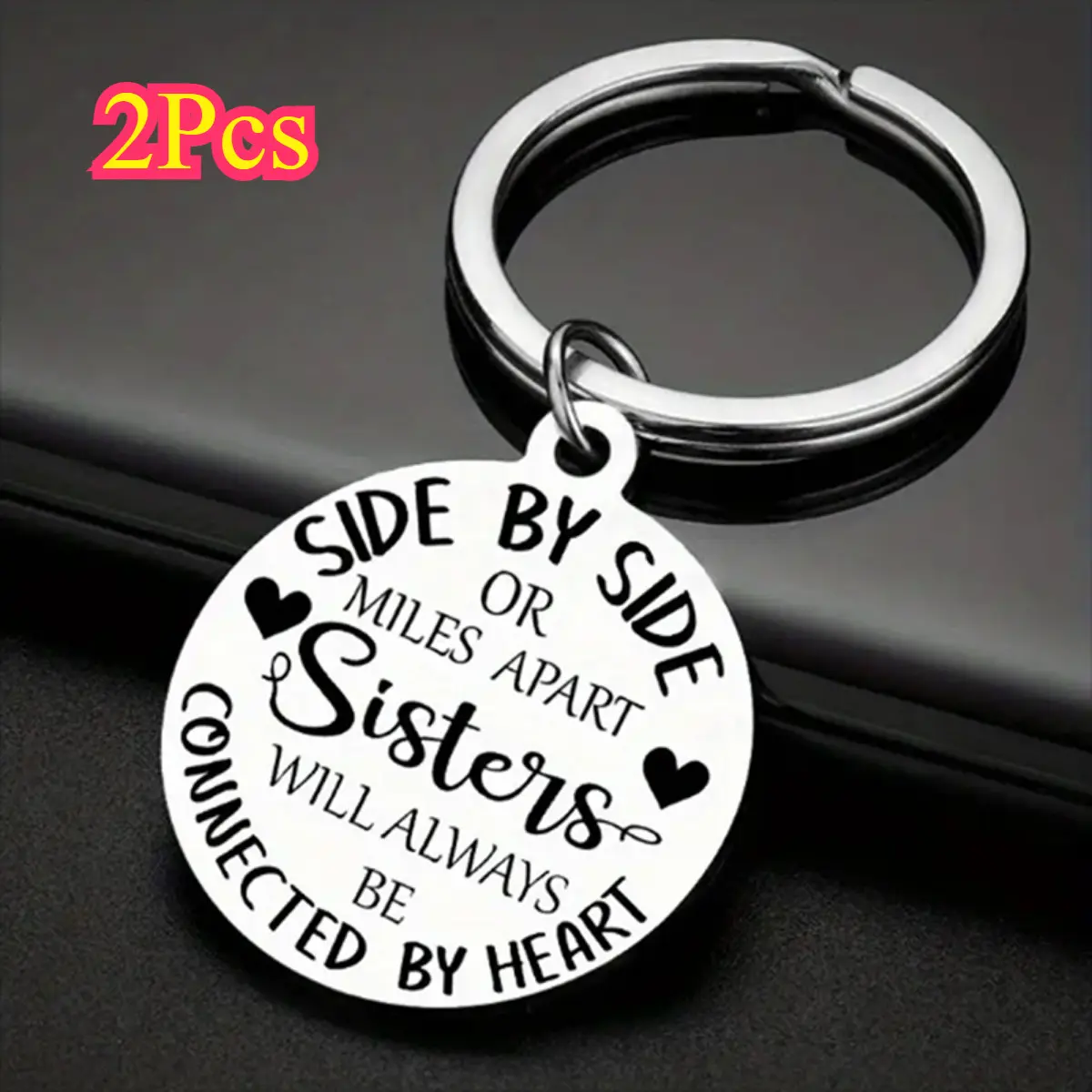 2Pcs Stainless Steel Sisters Keychain - Street Style, "Side By Side or Miles Apart, Sisters Connected by Heart" Engraved Inspirational Circle Pendant, Unbreakable Bond Keepsake
