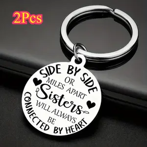 2Pcs Stainless Steel Sisters Keychain - Street Style, "Side By Side or Miles Apart, Sisters Connected by Heart" Engraved Inspirational Circle Pendant, Unbreakable Bond Keepsake