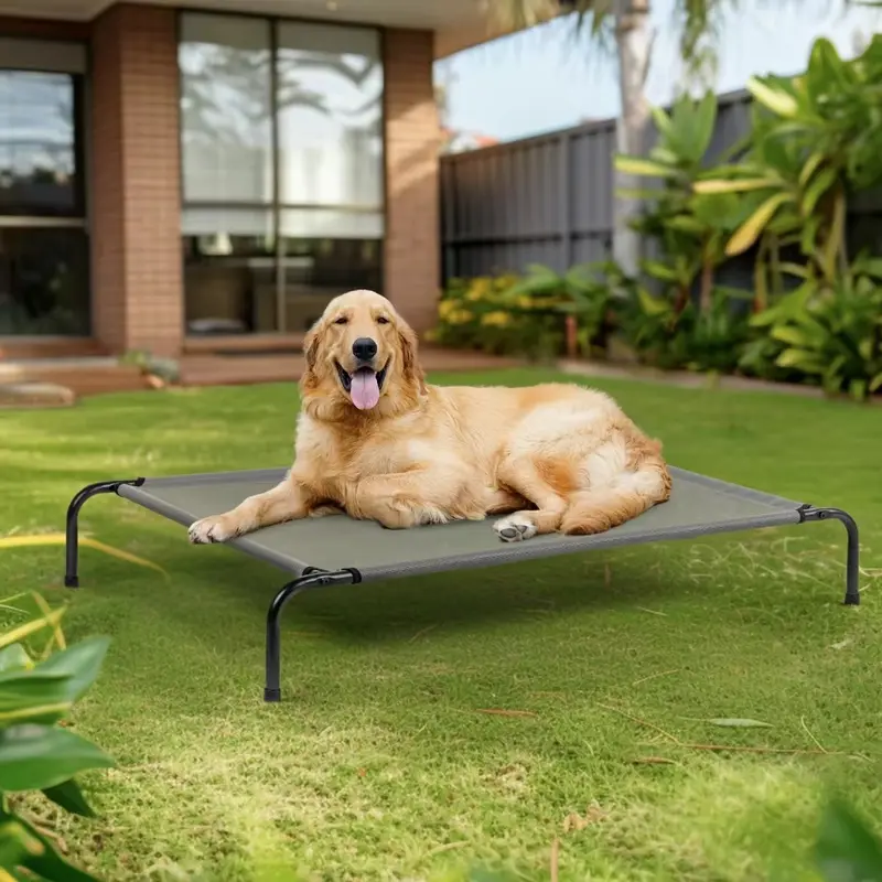 Raised Tough Aluminum Dog Cot Bed - Plaid Accent, Chew-Resistant, Washable, Breathable & Durable Mesh, Non-Slip Feet, Portable Metal Frame, Training-Safe, Snap-Ready, 8.4in Cool Lift, Picnic-Camping Friendly, Indoor/Outdoor Year-Round Use