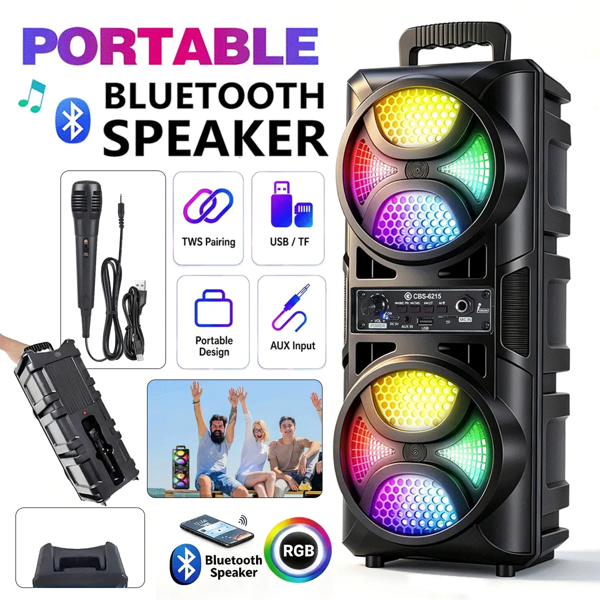 Portable Wireless Bluetooth Speaker, High-Fidelity Loudspeaker, Lightweight Wireless Speaker with 1 Microphone, Supports USB/TF Card/FM/AUX Inputs, Perfect for Christmas Parties, Outdoor Camping, KTV Parties, and New Year's Gifts Audio Streaming