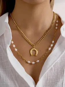 Classic Plated Gold Color White Rhinestone U-Shaped Pendant Necklace And Bracelet Women stainless steel Fashionable Jewelry Set Fashion Jewelry Set Maximalist Jewelry Elegant Jewelry Set