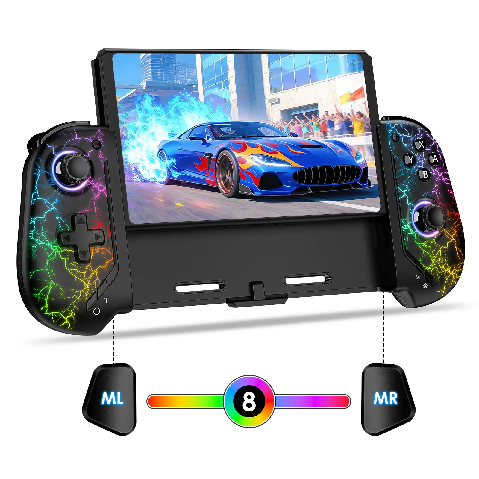 FLIRESY PRO-025A Lightning RGB Games Controller for Nintendo Switch, Anti-Drift Hall Joystick, 8-Color Lights, Turbo & Macro, Ergonomic Handheld Controller Grips, Game Night Gadget