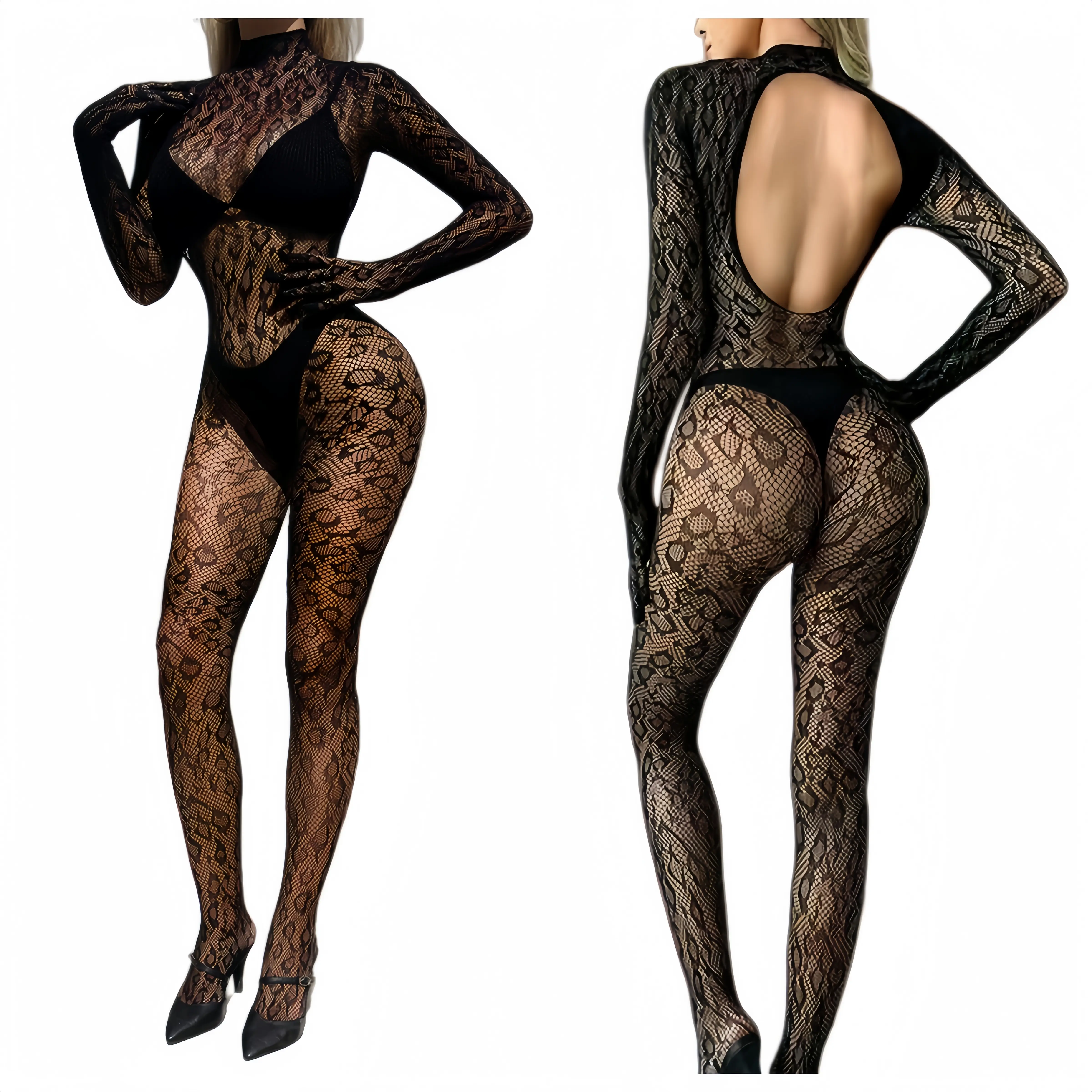 Women's Retro Polyester Lightweight Baddie Style Bodystocking - High Neck, Sheer Back, Mesh See-Through, Full-Body, Gloves Included, Fitted Lace, Leopard Print, Flattering Fit Sexy Lingerie Underwear, Baddie Style Bodysuits