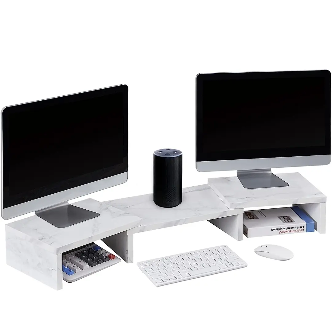 Dual Monitor Stand Riser, Adjustable Length and Angle Multi Screen Stand, Desktop Stand Storage Organizer for Laptop Computer/TV/PC/Printer- White