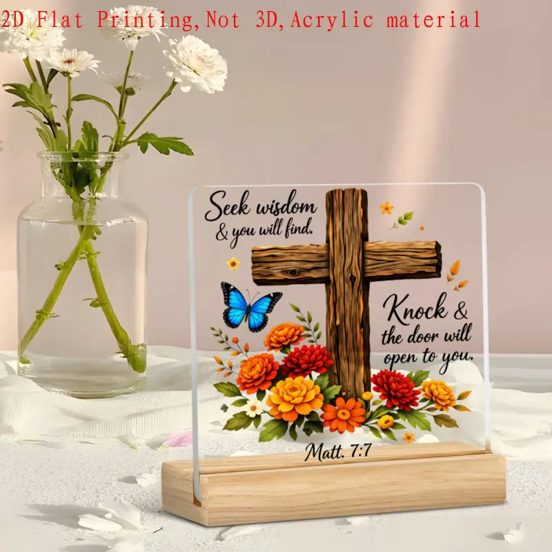 Seek Wisdom And You Will Find Wooden Cross Floral Butterfly Acrylic Desk Plaque with Wooden Stand, Matthew 7:7 Bible Verse Table Sign, Christian Religious Inspirational Faith Gift, Birthday Easter Christmas Home Desktop Decor