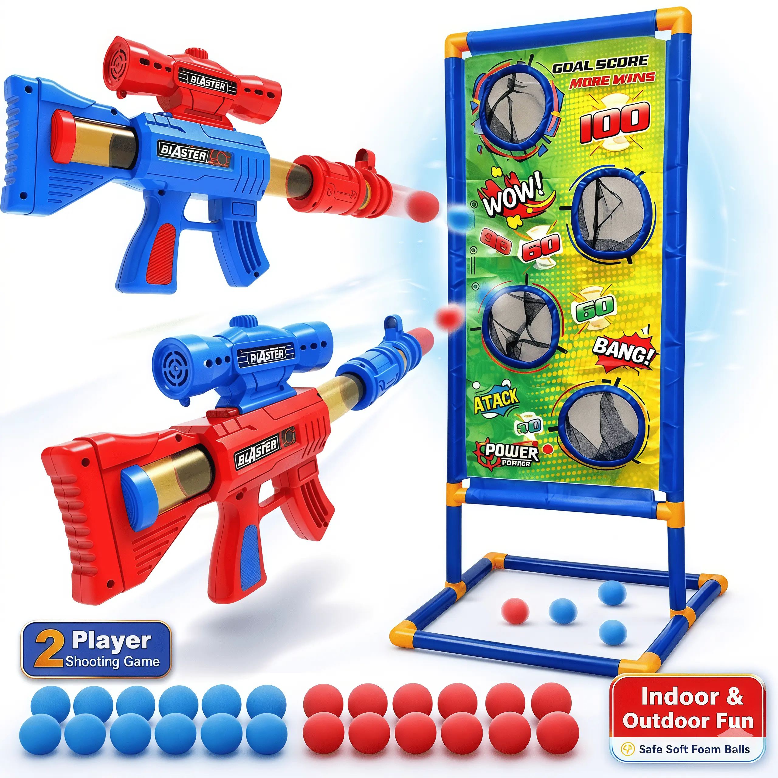 2-Player Soft Foam Ball Blaster Toy Set - 2 Player Shooting Game with Target Board, Safe Balls, Indoor/Outdoor Play, Birthday Gift for Girls Ages 4-10