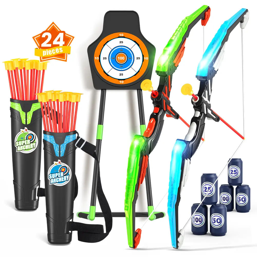Bow and Arrow Set for Kids, 2-Pack LED Light Up Archery Set with 24 Suction Cup Arrows, Indoor and Outdoor Toy for Boys Girls Age 4-8 8-12 with Standing Target&2 Quivers, Birthday Gift 3-12 Years Old campingessentials