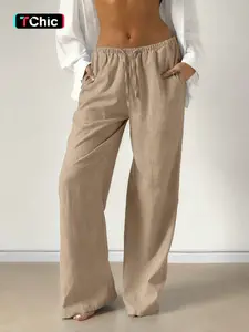Womens Linen Wide Leg Pants High Waisted Drawstring Elastic Waist Loose Fit Summer Beach Trousers Lightweight Breathable Casual Vacation Resort Boho Bohemian Style Straight Leg Relaxed Comfort Daily Wear Flowy Linen Pants Womenswear