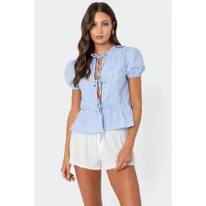 Puffed Sleeve Tie Front Top