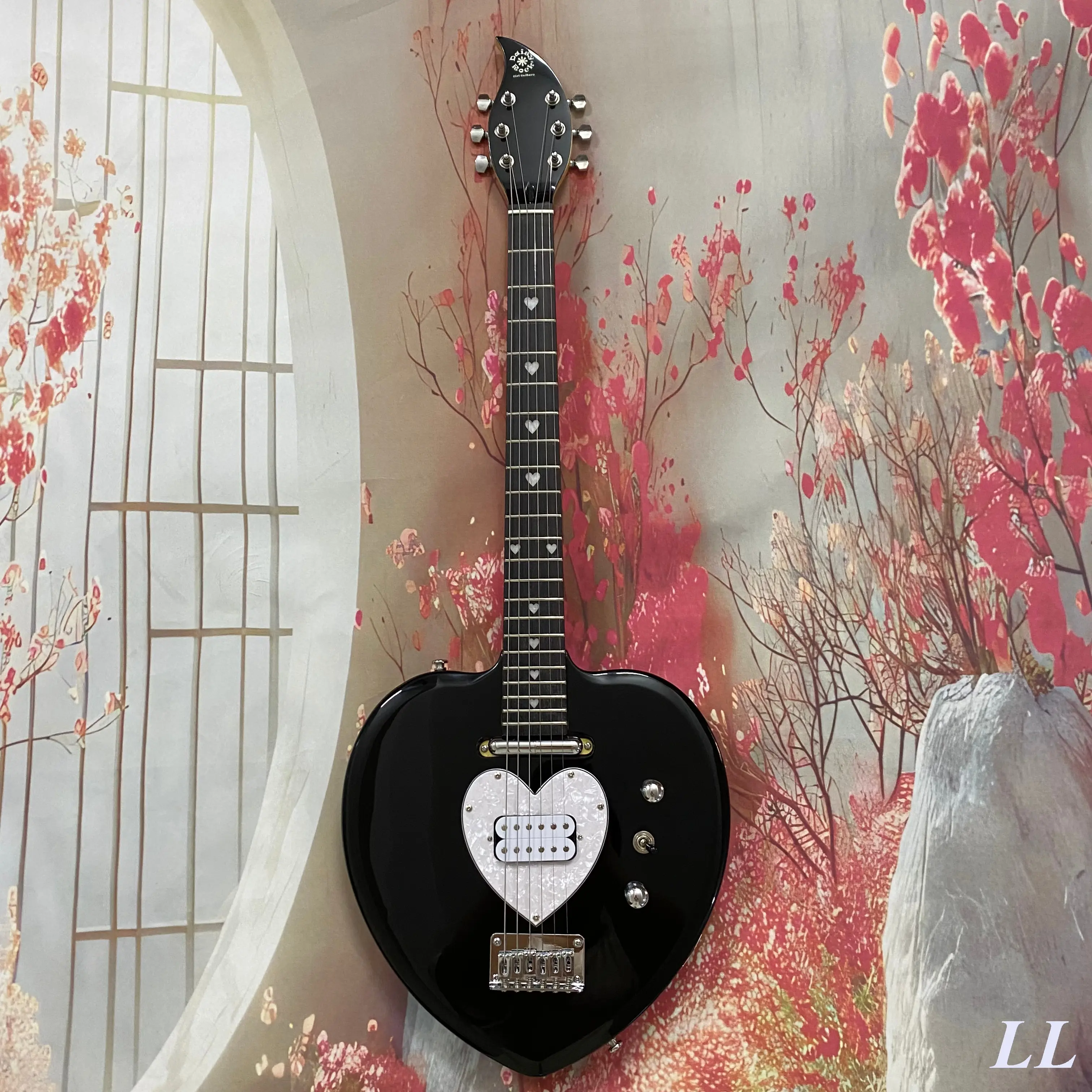 Heart-Shaped 6-String Guitar for Musical Instruments & Accessories, Metallic Black Finish, Solid Basswood Body, Pearl Heart Pickguard, Resonant Rich Sound, Unique Design, Aesthetic Appeal