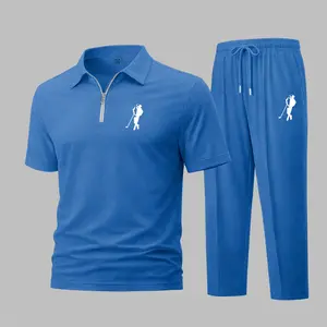 Men's 2-Piece Golf Sportswear Set - Waffle-Knit Short-Sleeve Zip-Up Collar Polo Shirt with Golf Player Silhouette Print, Matching Athletic Trousers, Casual Outfit