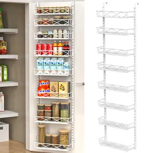 Over The Door Pantry Organizer, 8-Tier Wood & Metal Over The Door Organizer with Adjustable Basket, Hanging Spice Rack, Door Organization and Storage for Kitchen Pantry Door Cabinet, Black White Steel Room