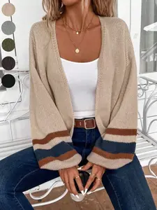 Women's Open Front Colorblock Striped Lantern Sleeve Loose Fit Cardigan Sweater, Horizontal Knit Sweater, Casual Fall & Winter Drop Shoulder Lightweight Flowy Knit Cardigan