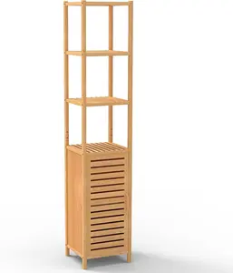 67" Tall Bathroom CabinetLinen Tower Cabinet with Single Door and 3 Tier ShelvesBamboo Freestanding Cabinets Storage Organizer for Living Room, Bedroom, Kitchen