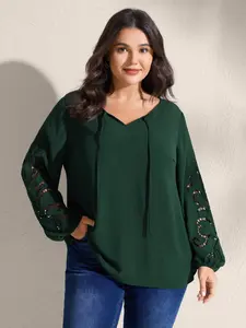 BloomChic Plus Size Women's V-Neck Embroidered Cut-Out Long/Extra-Long Sleeve Solid Polyester Blouse - Smooth Fabric, Great Fit, Ideal for Spring Break, Mother's Day Gift, M-6X 2026 Garment Top Shirts